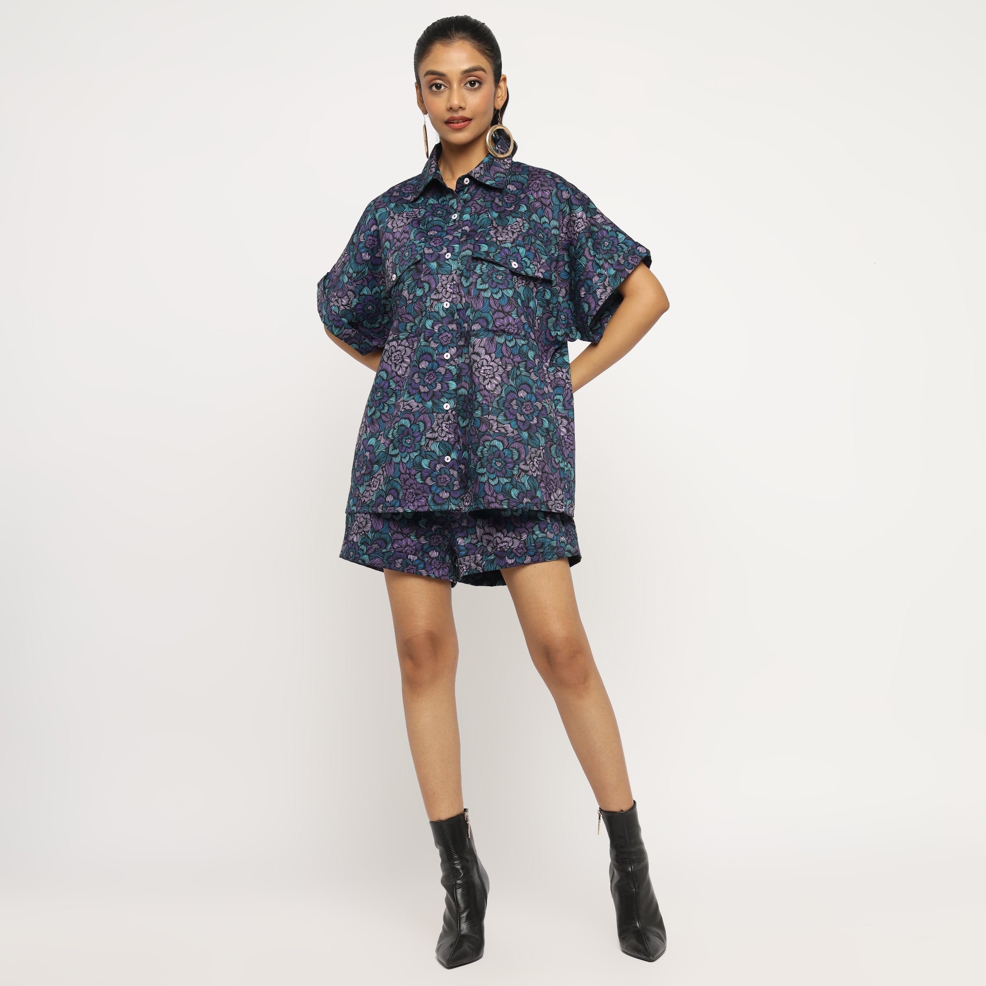 Midnight Bloom Co-ord Set – Oversized Shirt & Shorts